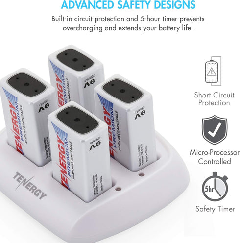 TN136 4 9V 4 9V Tenergy Bay Smart Charger with Pieces Tenergy Premium NiMH Rechargeable Batteries