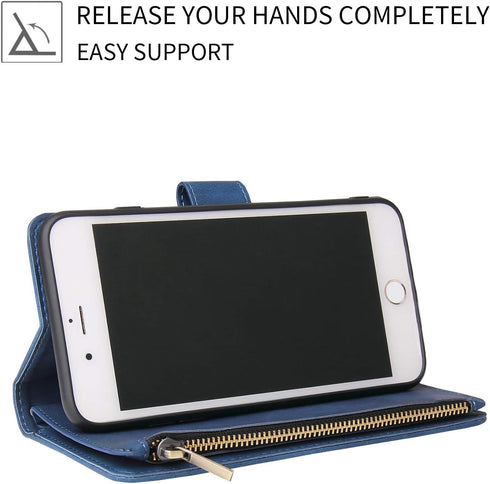 UEEBAI Wallet Case for iPhone 6/iPhone 6S - PU Leather Magnetic Closure Handbag with Zipper Pocket, Blue