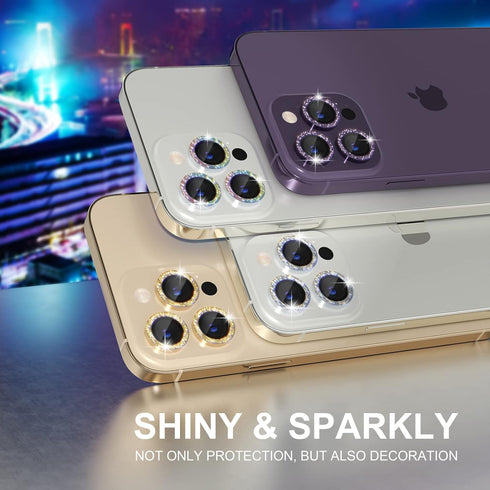 Choiche Bling Camera Lens Protector for iPhone 14 Pro/Pro Max, 9H Tempered Glass, Glitter-Purple, Metal Ring Decor.