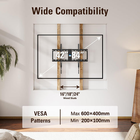 Mounting Dream Fixed TV Mount for 42-84 Inch Flat Screen TVs, VESA 600x400mm, Low Profile, Fits 16"/18"/24" Studs