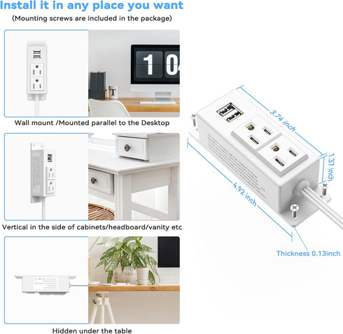 Kungfuking Power Strip with USB, Wall Mountable Surge Protector, 2 AC Outlets & 2 USB Ports, 6.56 FT White