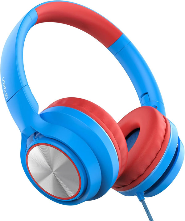 LORELEI E7 Kids Headphones with Microphone, On-Ear Wired Headset for Children, 85/94dB Safe Volume, Foldable (Blue&Red)