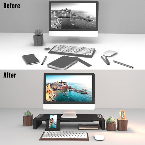 OImaster Foldable Computer Monitor Stand Riser, Adjustable Length with Storage Drawer & Pen Slot, Black