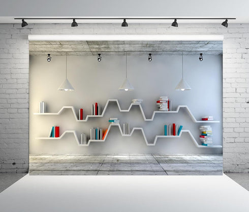 BELECO 8x6ft Fabric Living Room Backdrop for Video Conference, Modern Bookshelf with Books, Wooden Floor, Empty Room