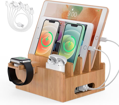 Pezin & Hulin Cell Phone Charging Stations, Bamboo Dock Organizer for Multi Devices, Tablets, Smart Watch, with Pack of