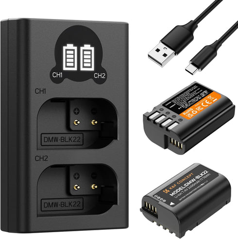 K&F Concept 2400mAh DMW-BLK22 Battery and Dual Slot LCD Charger for Panasonic Lumix Cameras