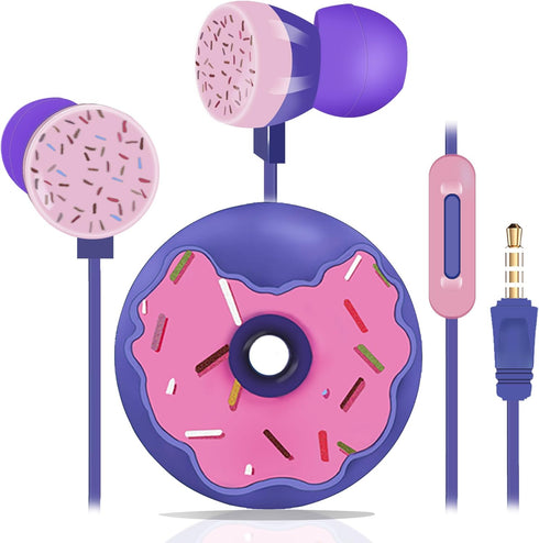 Donut Kids Earbuds, Wired Earphones & in-Ear Headphones with Microphone, Lovely Storage Case, Gifts for School, Purple
