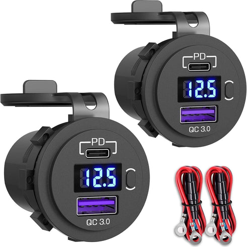 Qidoe 2 Pack USB C Car Charger - PD3.0 20W and QC3.0 18W with LED Voltmeter and ON/Off Switch