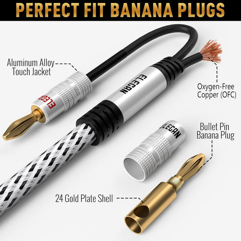 14 AWG Speaker Cable Wire 10 Feet with Gold-Plated Banana Tip Plugs-CL2 Rated-in Wall-Heavy Duty Nylon Braided, Oxygen-Free Copper (OFC)-White-with 5 Cable Ties