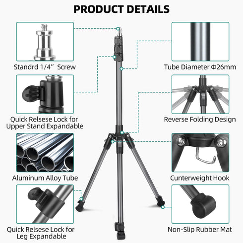 JEBUTU 6.6ft/2m Extendable Photography Light Stand, Adjustable Aluminum Light Tripod Stand for Travel, Reversible