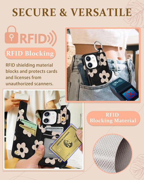 Shorogyt Wallet Case for iPhone 12, Designer Black Flower Pattern Kickstand Magnetic Clasp Back Flip Folio Leather Case