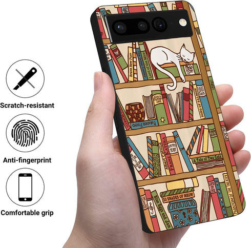 HONGZAOQIYE 7 Compatible with Google Pixel Pro Case, Funny Cute Cat Bookshelf Cartoon Slim Fit Soft TPU Shockproof