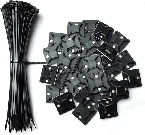 100 Pack Black Plastic Nylon Cable Ties with 60 Self Adhesive Wire Tidy Clips, 25x25mm Mount Base Holders
