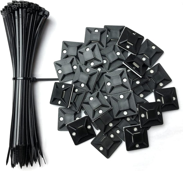 100 Pack Black Plastic Nylon Cable Ties with 60 Self Adhesive Wire Tidy Clips, 25x25mm Mount Base Holders