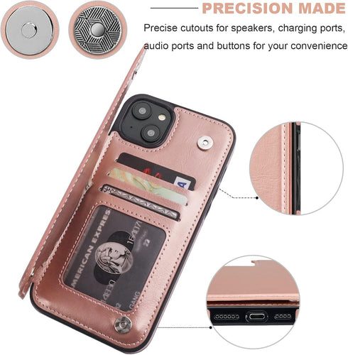 iPhone 14 Plus Wallet Case with Card Holder, PU Leather Kickstand, Double Magnetic Clasp, Durable Shockproof Cover 6.7