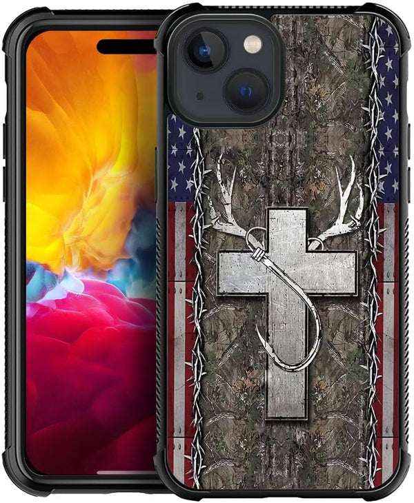 DJSOK Shockproof Case for iPhone 15 Plus, American Flag Antlers Design with Soft TPU Bumper and Hard PC Back