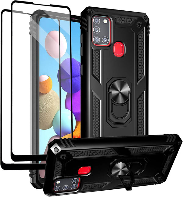 Samsung Galaxy A21s Case with Tempered Glass Screen Protectors, Military-Grade Shockproof Cover with Kickstand, Black