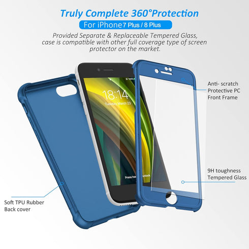 ORETECH iPhone 7 Plus & 8 Plus Case with 2 x Tempered Glass Screen Protector, Anti-Slip Hard PC + Soft TPU - Blue