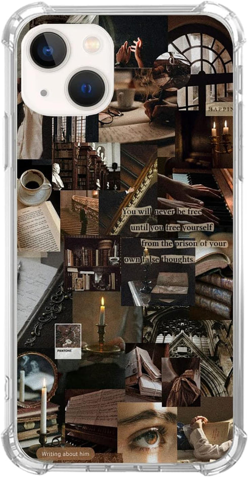 Aesthetic Collage Phone Case for iPhone 15 Plus, Vintage Old Church Books Pattern, Unique Soft TPU Bumper