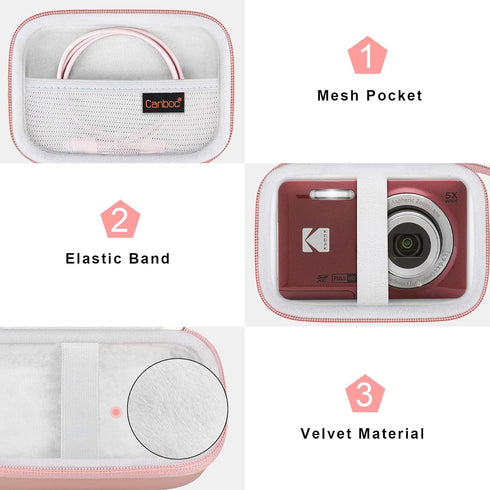 Canboc Hard Case for Kodak PIXPRO Friendly Zoom FZ55/FZ53/FZ45 16MP Digital Camera, Rose Gold with Mesh Pocket for SD