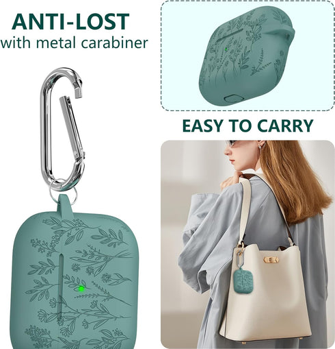 Flower Engraved Airpod Case for 3rd Generation with Cleaner Kit, Keychain, Silicone Cover for Women, Pine Green