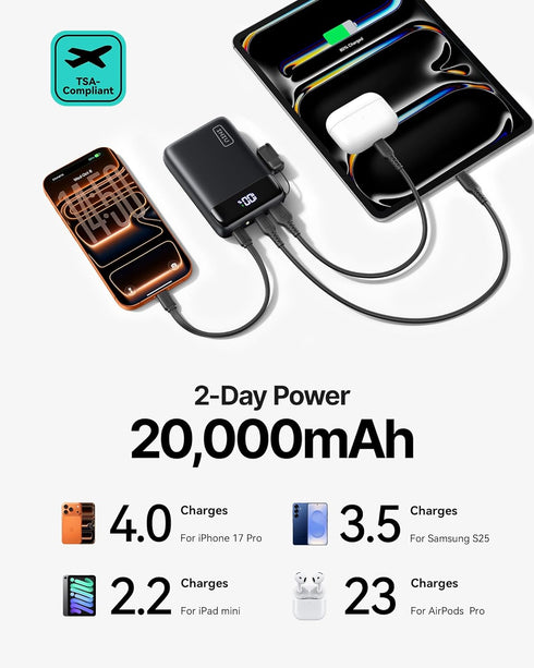 INIU 20000mAh 22.5W Pack, 17 16 15 14 S25 Power Bank, Smallest Portable Charger with USB C Cable, PD Fast Charging