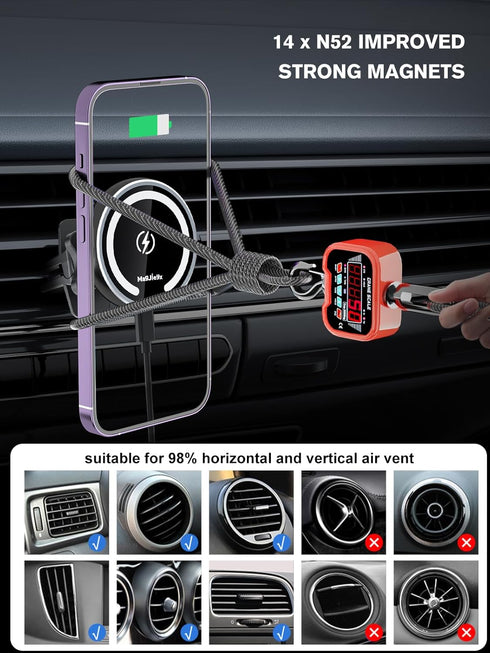 Wireless Car Charger with Fast Max 36W QC3.0 Adapter, Magnetic Magsafe Mount, Retractable Phone Holder for iPhone