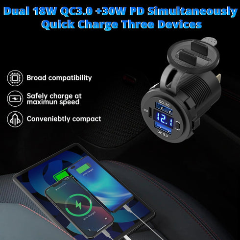 Qidoe 12V USB Outlet Dual 18W Quick Charge 3.0 Port & 30W PD 12V USB C Car Charger Socket with Voltmeter and Power Switch, Waterproof Multiple Car USB Port Adapter for Car Boat Marine Truck Golf RV by Qidoe