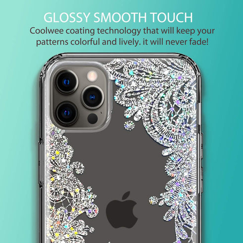 Coolwee Clear Glitter Compatible with iPhone 12 Pro Max Case, Thin Flower Cute Crystal Lace Bling Protective Cover