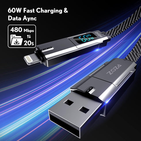 pzoz 4-in-1 USB C Fast Charging Cable - Multi USBC Charger Combo with LED Display for iPhone 16/15/14 Pro Max