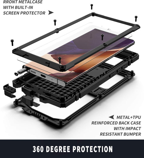 Aluminum Metal Waterproof Case for Samsung Galaxy Note 20 Ultra, Shockproof Military Heavy Duty Sturdy Protector, Black