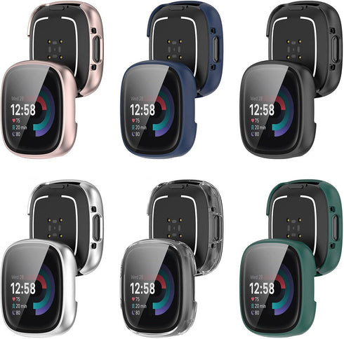 FitTurn 6 Pack Screen Protector Case for Fitbit Versa 4/Sense 2 with HD Tempered Glass Cover for Full Coverage