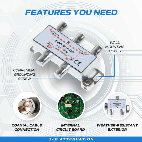 Cables Direct Online 4 Way Bi-Directional Indoor Outdoor Waterproof Coaxial Antenna Splitter for RG6 RG59 Coax Cable