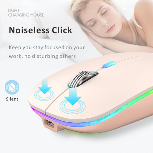 Uiosmuph LED Wireless Mouse, G12 Slim Rechargeable Silent Mouse, 2.4G Portable Optical Computer Mice with Receiver and Type C Adapter (Nude Pink)