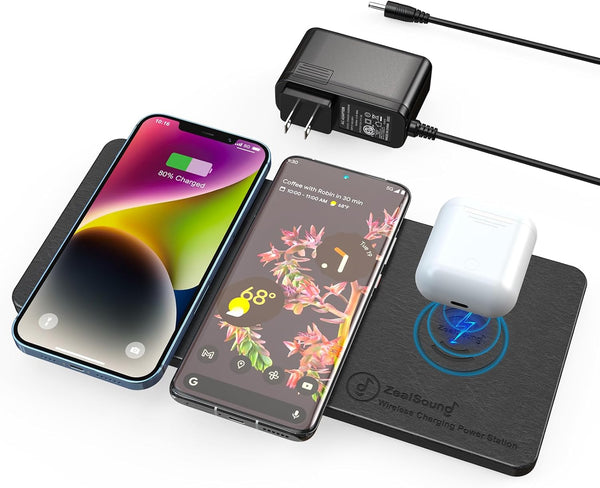 ZealSound Wireless Charging Pad, Ultra-Slim Triple Charger Station for 3 Devices & New Airpods, Black PU Leather