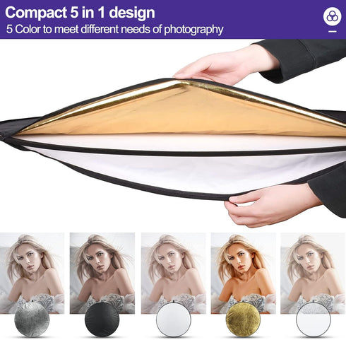 EMART 24’’ (60cm) Light Reflectors 5 in 1 Collapsible Photography Reflector with Bag for Studio Video Photography