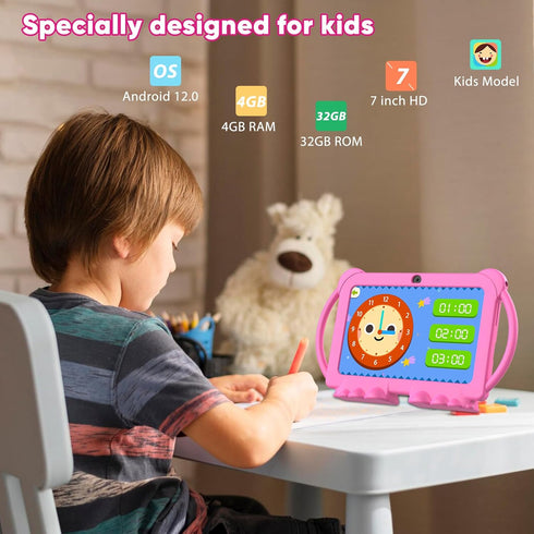 Kids Tablet 7 inch, Android 12 Tablet for Kids, 4GB RAM 32GB ROM, 512GB Expansion, with Parental Control, Pink
