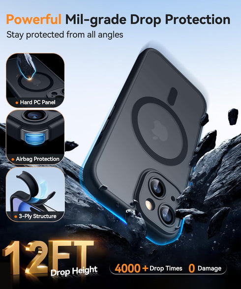 CANSHN Magnetic iPhone 15 Case, Shockproof Protective Cover with Full Camera Protection, Translucent Matte, Black