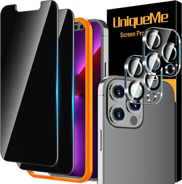 UniqueMe Privacy Screen Protector for iPhone 13 Pro Max, Tempered Glass & Camera Lens, Anti-Spy, Easy Install, 2+2 Pack.
