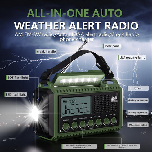 Emergency Radio Weather Radio 12000mAh, AUTO NOAA Solar Hand Crank Radio, AM/FM/SW/NOAA Portable Radio