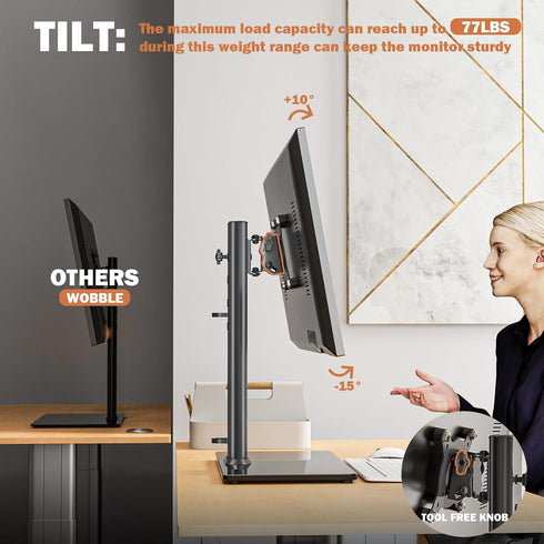 Single LCD Computer Monitor Free-Standing Desk Stand, Height Adjustable for 13-32 Inch Screens, Holds up to 77 lbs