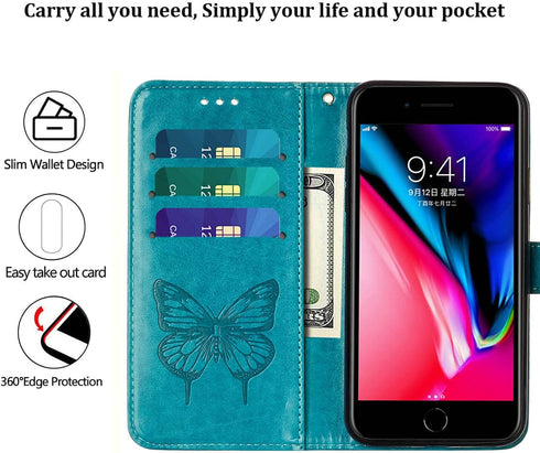 iPhone SE 2022/SE 2020 Case, 6/6S/7/8 Wallet Case | Butterfly Floral Embossed Leather Protective Flip Cover with Card