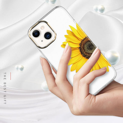 BAISRKE Clear Case with Flowers for iPhone 13, Shockproof Floral Pattern Hard Back Cover, Yellow Sunflower