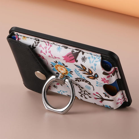 Card Holder for MagSafe Wallet with Ring for iPhone 15/14/13/12 Series, Strong Magnetic Floral Black Wallet Fit 5 Cards