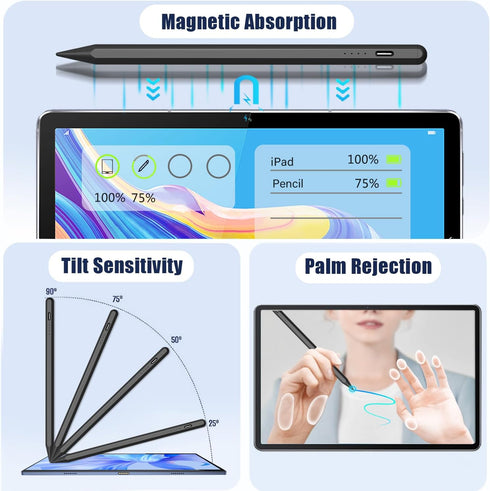 Black Stylus Pen for iPad, 35 Mins Fast Charging for Apple Pencil, Palm Rejection, Tilt Sensitivity, Works for