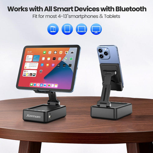 JTEMAN Cell Phone Stand with Bluetooth Speaker,HD Sound Adjustable Phone Holder,Birthday Gifts for Men Women, Cool Tech