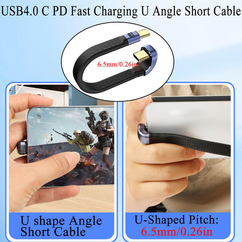 QIANRENON 240W USB4.0 C PD Fast Charging Cable, 40Gbps Type C U Angle Short Cable for Phone Thunderbolt 3/4, 13cm/5.1in