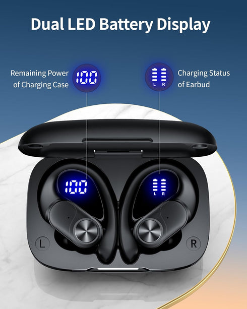 PocBuds Bluetooth Headphones Wireless Earbuds, 80hrs Playtime, Digital Display Sports Ear Buds with Earhook