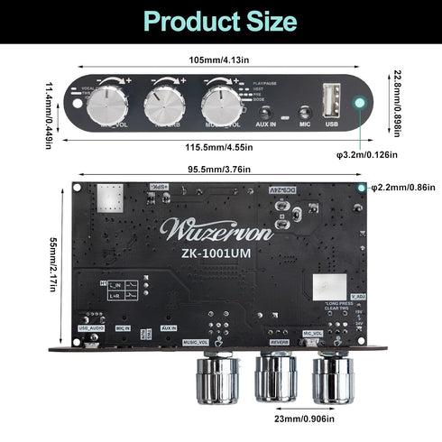 ZK-1001U 100W 9-24V PRO with Mic Input Blue-Tooth Mono Amplifier Board, Echo & EQ, TWS Pairing, USB/AUX, Adjustable Mic