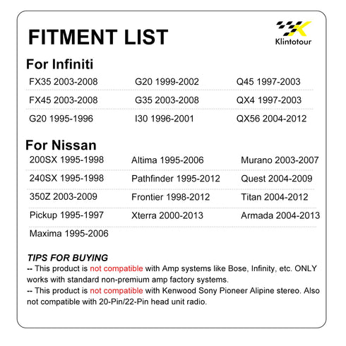 1995-2013/Infiniti 1997-2012, FX35 FX45 G20 I30 Q45 QX4 QX56 Aftermarket Radio Wiring Harness Compatible with Nissan